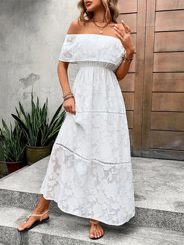Elasticity Flower Print See-Through Solid Color Split-Joint A-line Loose Off-the-shoulder Midi Dresses