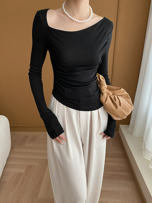 Solid Color Long Sleeves Skinny Asymmetric Collar T-Shirts Tops