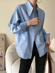 Long Sleeves Solid Color Zipper Lapel Collar Blouses