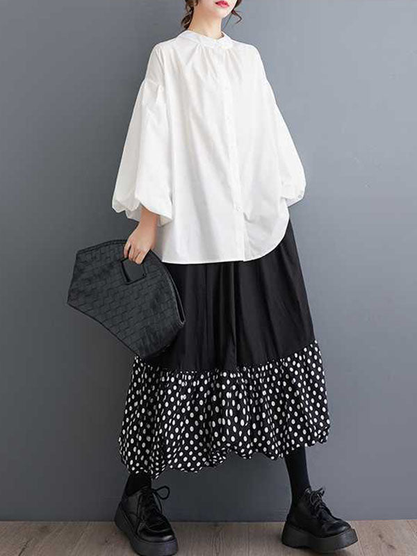 Buttoned Hollow Pleated Solid Color Loose Nine-Minute Sleeve Round-Neck Blouses&Shirts Tops