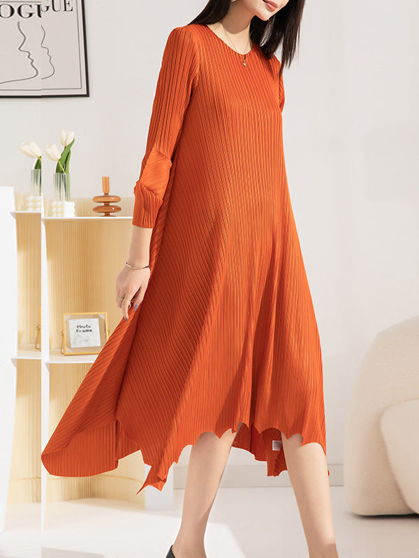 Pleated Solid Color Irregular clipping Loose Round-neck Midi Dresses