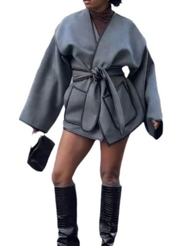 Pockets Solid Color Split-Joint Tied Waist Long Sleeves Loose V-neck Woolen Coat