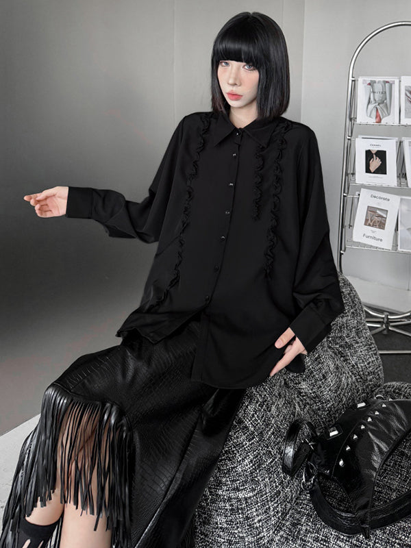 Buttoned Falbala Ruffled Solid Color Split-Joint Hipster Long Sleeves Lapel Blouses&shirts Tops