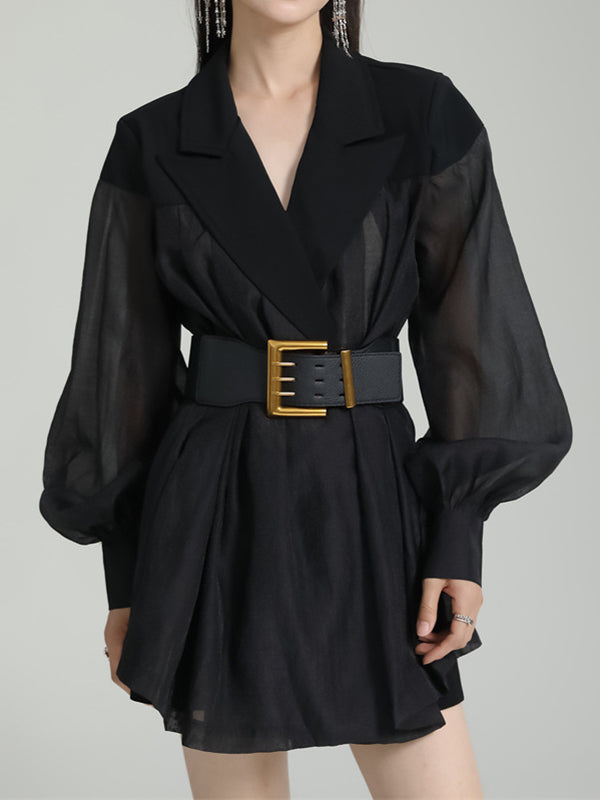 See-Through Split-Joint Tied Waist Loose Puff Sleeves Lapel Blouses&Shirts Tops