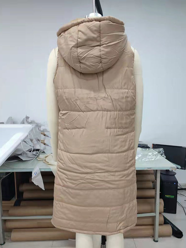 Buttoned Drawstring Keep Warm Solid Color Split-Joint Zipper Hooded Sleeveless Vest Outerwear Padded Coat