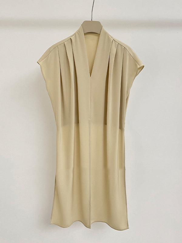 Knot Pleated Solid Color Split-Joint Loose Raglan Sleeve V-neck Blouses&shirts Tops