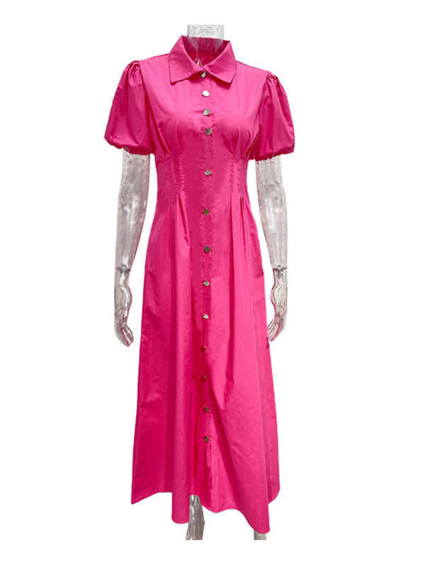 Pleated Split-Joint Loose Puff Sleeves Lapel Shirt Dress Maxi Dresses