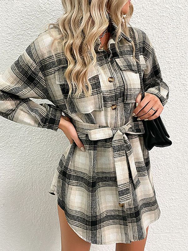 Pleated Pockets Split-Joint Tied Waist Long Sleeves Loose Lapel Blouses&Shirts Tops