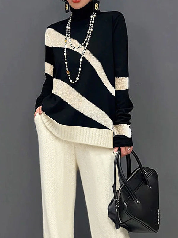Long Sleeves Loose Contrast Color High Neck Sweater Tops