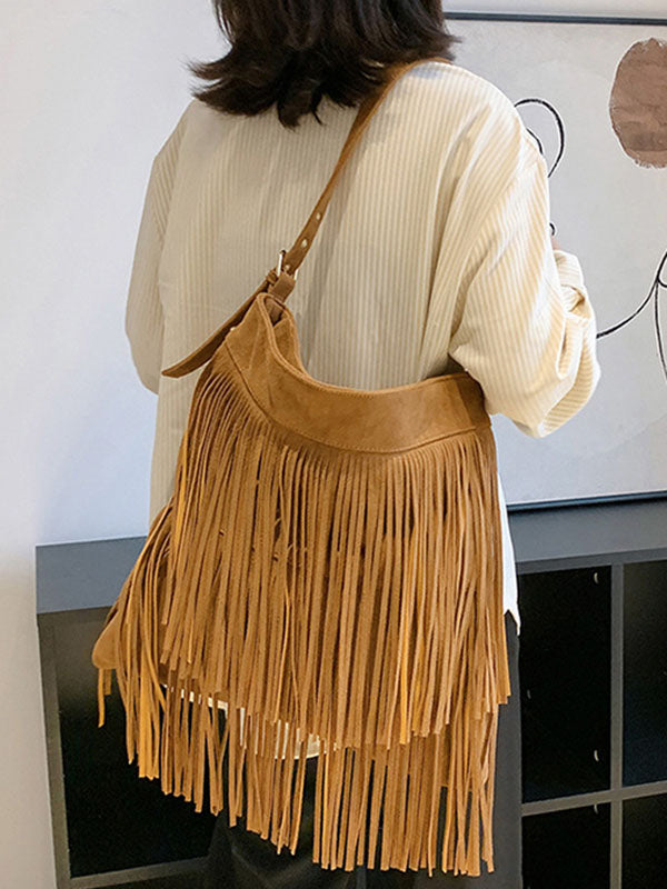 Hollow Solid Color Tasseled Zipper Handbags Crossbody Bags