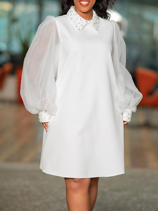 Beads Mesh Solid Color Split-Joint Puff Sleeves Round-neck Midi Dresses