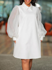 Beads Mesh Solid Color Split-Joint Puff Sleeves Round-neck Midi Dresses