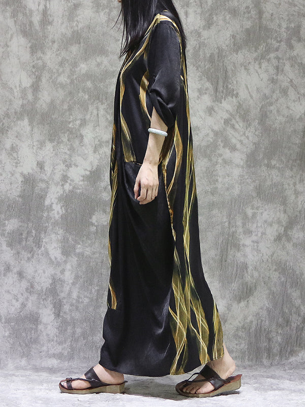 Pockets Printed Split-back Long Sleeves Loose V-neck Maxi Dresses