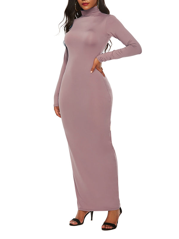 Solid Color Bodycon Long Sleeves High Neck Maxi Dresses