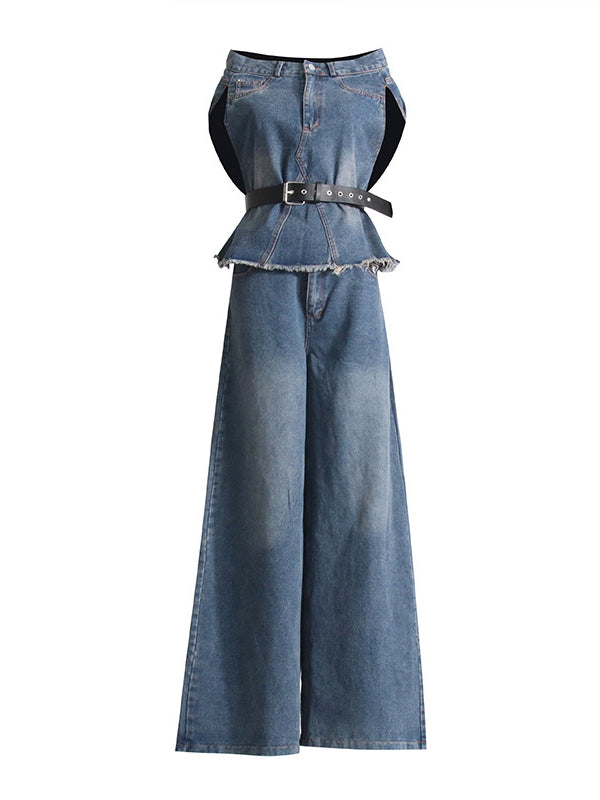 Asymmetric Split-joint Fringed Boat Neck Vest Top+ High Waisted Belted Jeans Bottom Two Pieces Set
