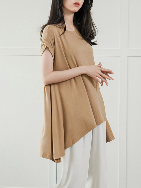 Asymmetric Solid Color High-Low Loose Round-Neck T-Shirts Tops