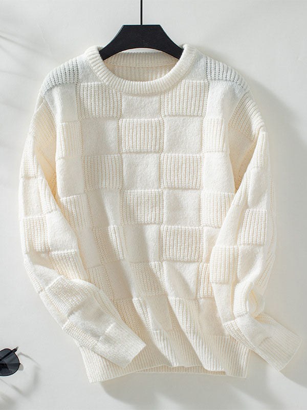 Solid Color Split-Joint Long Sleeves Loose Round-Neck Sweater Tops Pullovers
