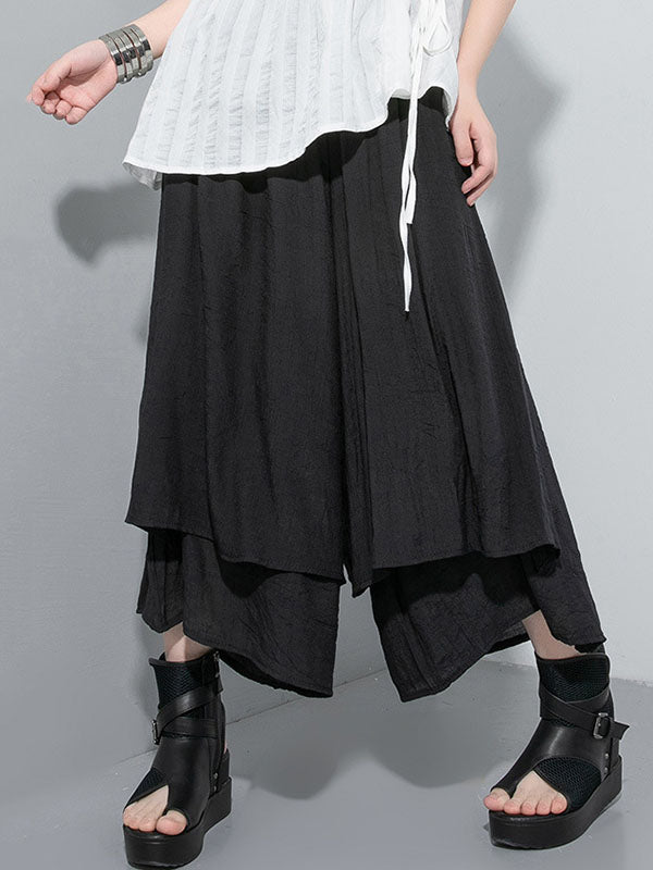 Elasticity Solid Color Split-Joint Loose Wide Leg Ninth Pants