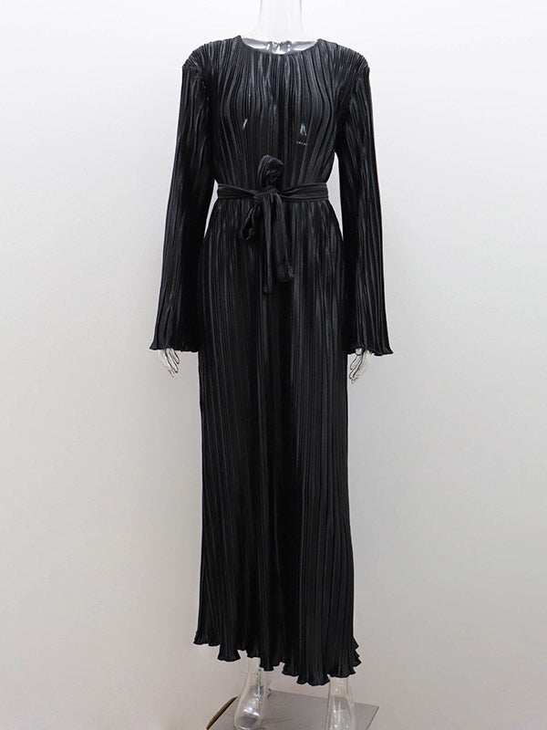 Pleated Solid Color Flared Sleeves Long Sleeves Round-Neck Maxi Dresses
