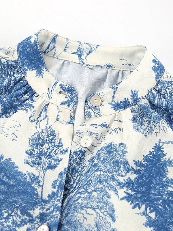 Floral Printed Pleated Split-Joint Loose Puff Sleeves Stand Collar Blouses&Shirts Tops