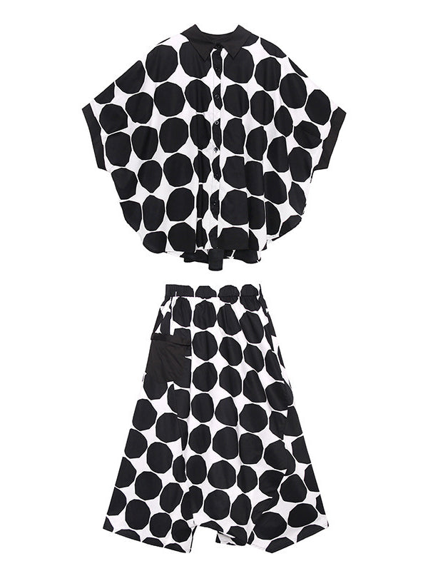 Round-Neck Batwing Sleeves Buttoned Polka-Dot Shirts Top + Elasticity Pockets Harem Pants Pants Bottom Two Pieces Set