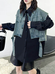 Pleated Solid Color Split-Joint Loose Sleeveless Lapel Blouses