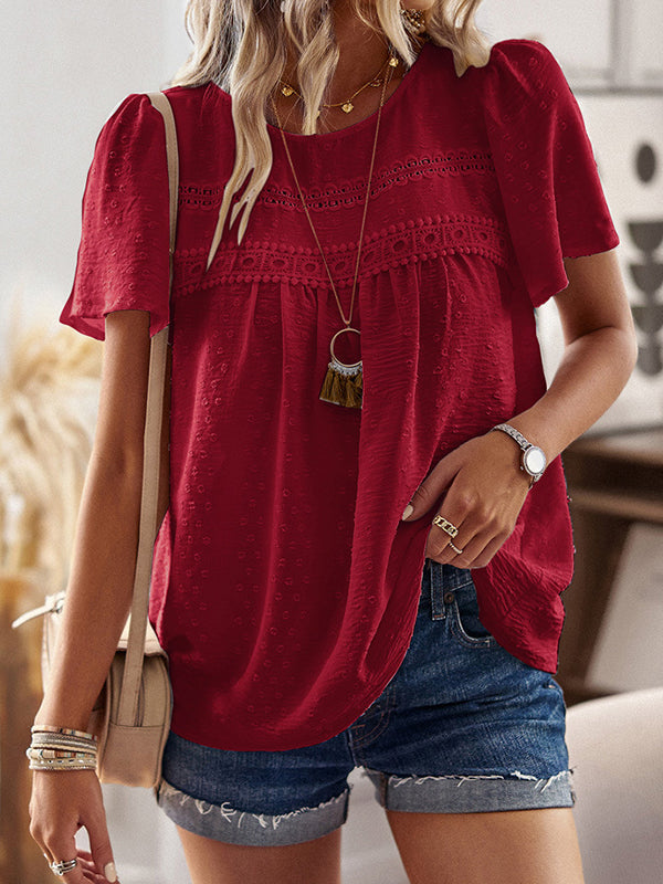 Hollow Jacquard Pleated Solid Color Split-Joint Loose Short Sleeves Round-Neck T-Shirts Tops