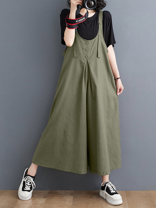 Buttoned Solid Color Ninth Pants Wide Leg Spaghetti-Neck Overalls