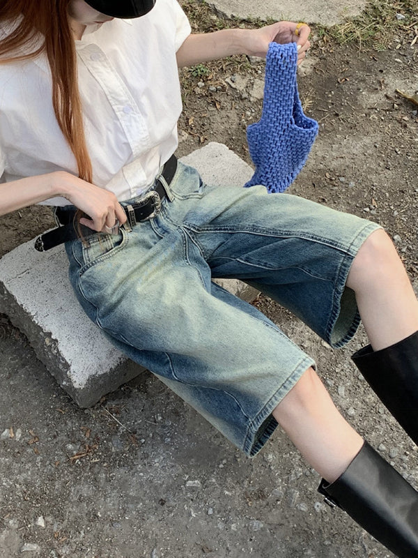 Gradient Split-Joint High Waisted Loose Shorts Half Pants Denim Shorts