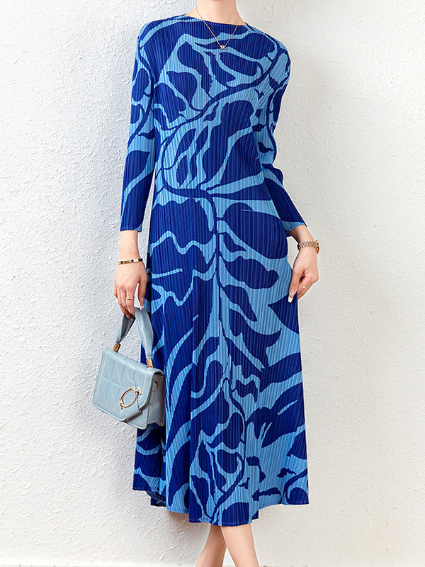 Floral Printed Pleated Long Sleeves Midi Dress