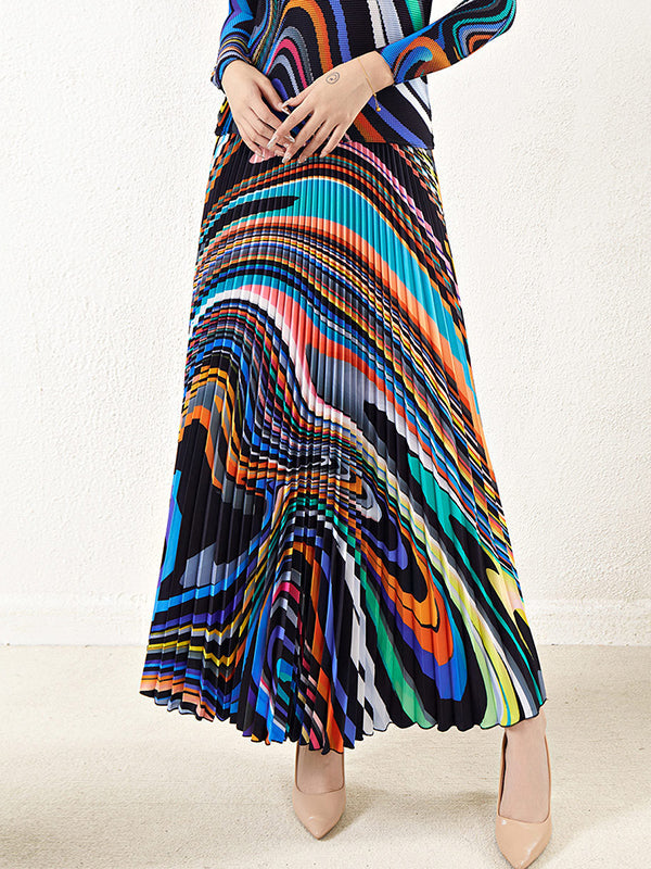 Pleated Long Sleeves Contrast Color Mock Neck T-Shirt Top + Printed A-Line Skirts Bottom Two Pieces Set