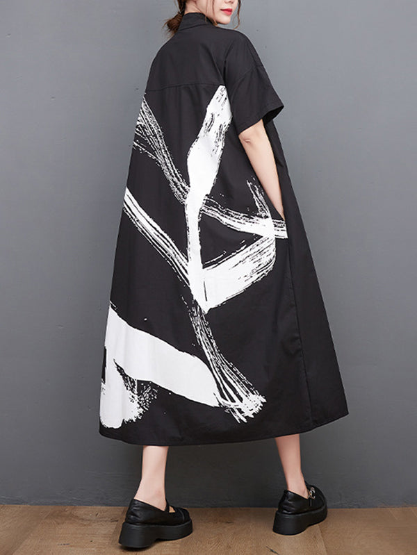 Original Loose Short Sleeves Buttoned Contrast Color Printed Midi Dresses