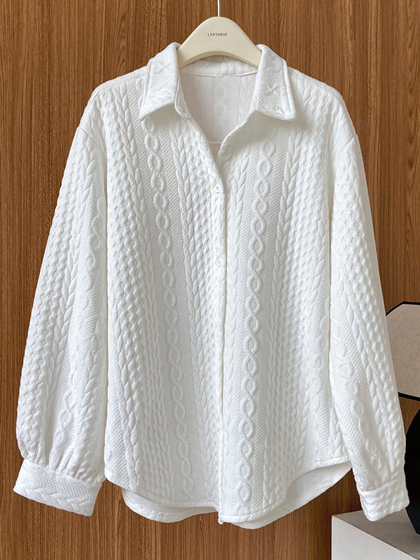 Simple Loose Long Sleeves Buttoned Solid Color Textured Lapel Collar Blouses&Shirts Tops