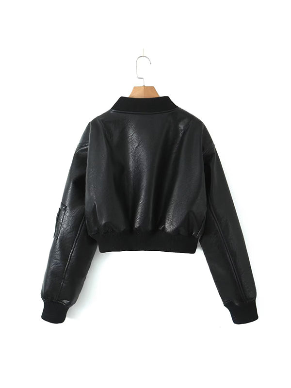 Quilted Solid Color Zipper Stand Collar PU Outerwear Jackets