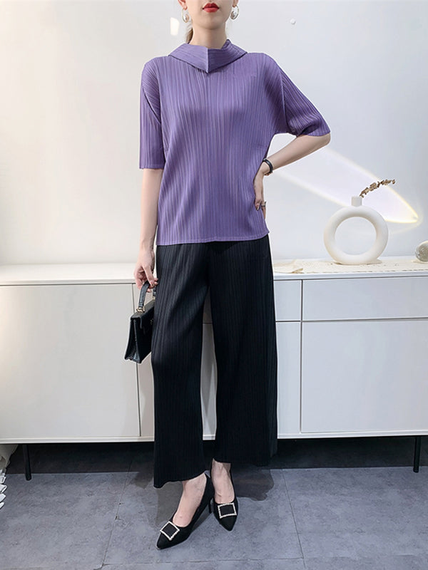 Pleated Solid Color Half Sleeves Hooded Mock Neck T-Shirts Tops