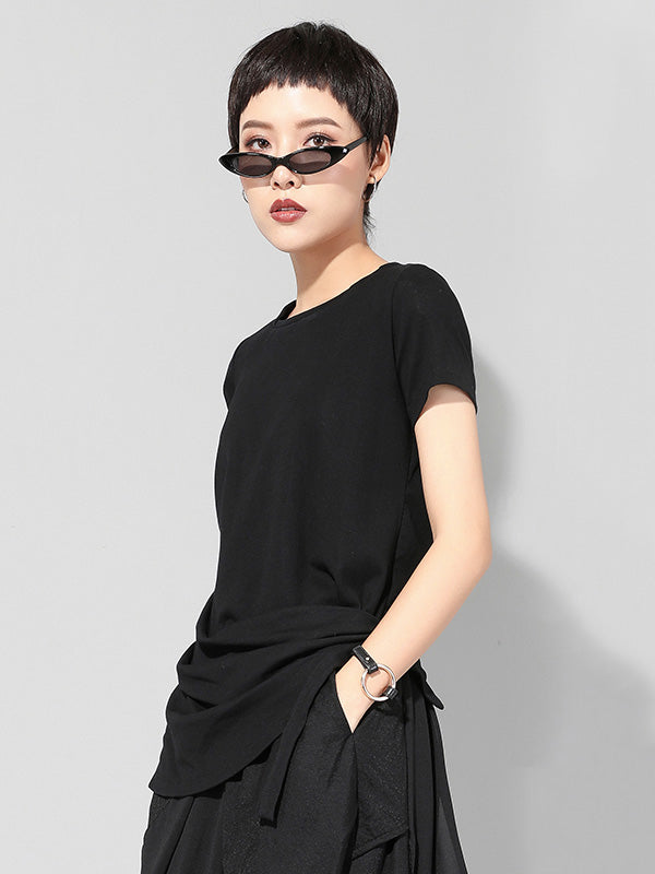 Black Asymmetric Pleats Short Sleeve Round-Neck T-Shirts