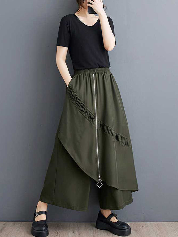 Elasticity Pleated Pockets Split-Joint Zipper High Waisted Loose Pants Culotte