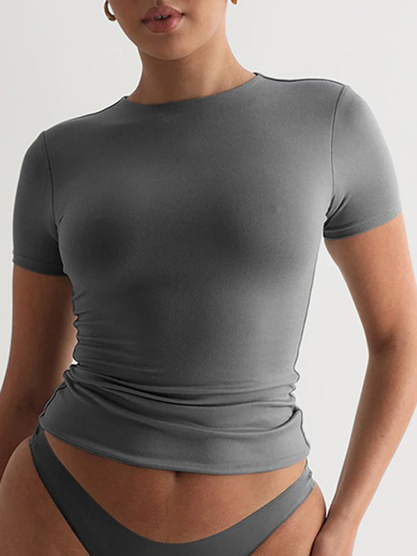 Solid Color Split-Joint Short Sleeves Skinny Round-Neck T-Shirts Tops