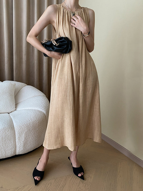 Pleated Solid Color A-Line Loose Round-Neck Midi Dresses