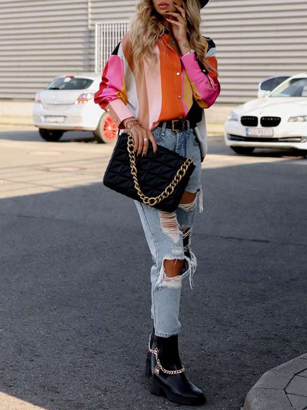 Contrast Color Printed Long Sleeves Loose Lapel Blouses
