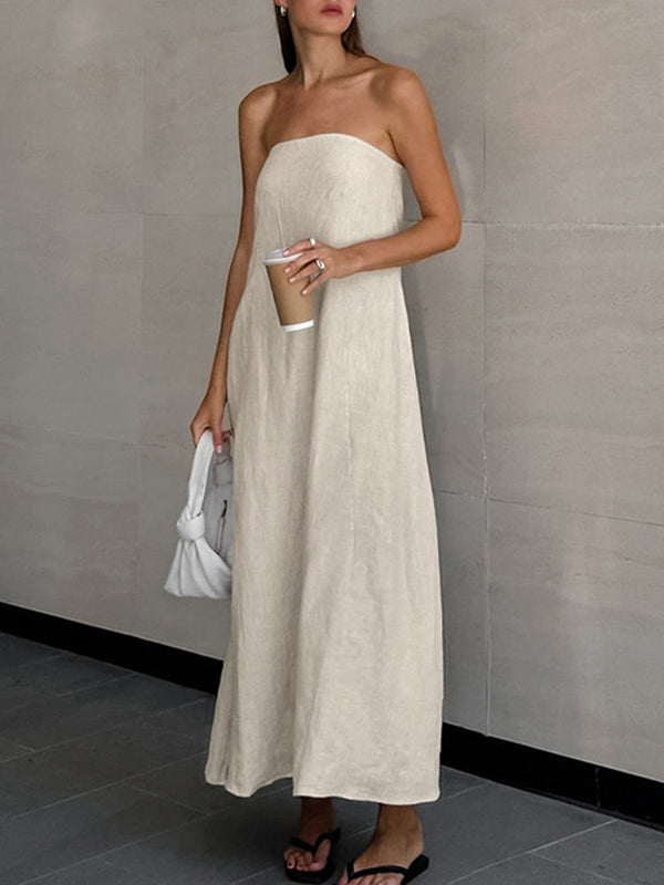 Elasticity Pockets Solid Color Zipper A-Line Loose Tube Maxi Dresses