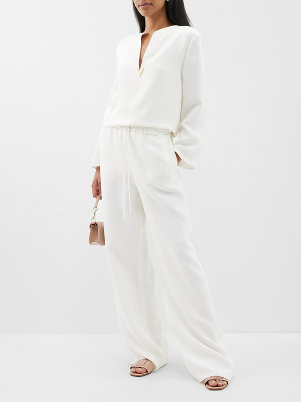 Wrap Pockets Solid Color Round-Neck Shirts Tops&Pants Two Pieces Set