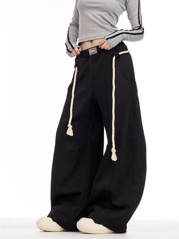 Drawstring Elasticity Pockets Solid Color High Waisted Loose Trousers Pants