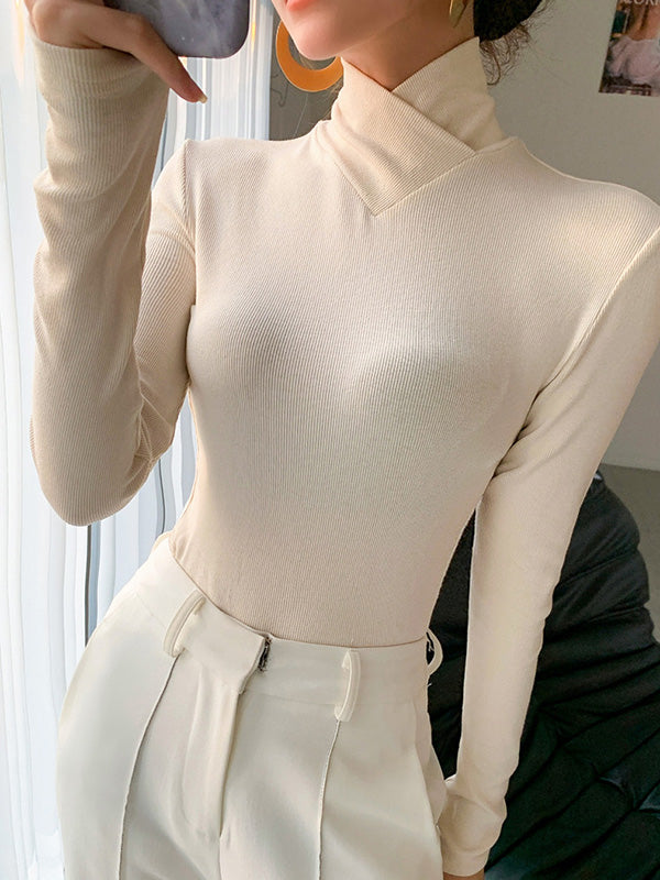 Simple Solid Color Stand Collar Long Sleeves T-Shirt