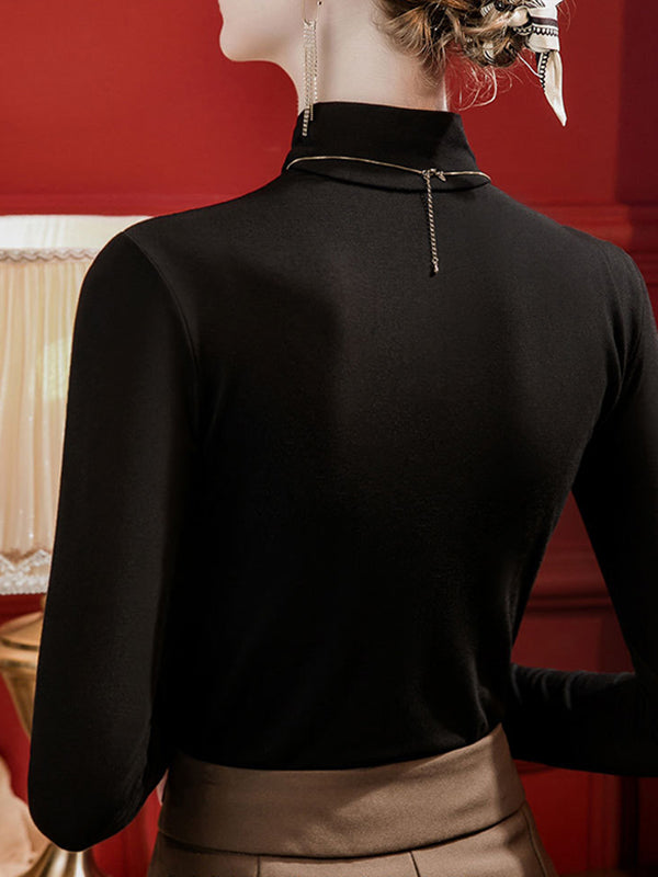 Hollow Pleated Solid Color Split-Joint Long Sleeves Plus Size High Neck T-Shirts Tops