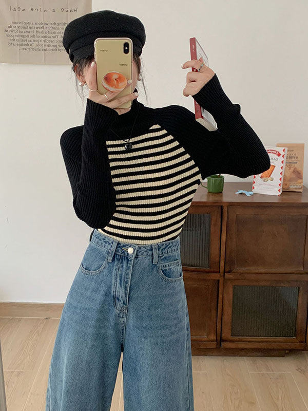 Contrast Color Striped Long Sleeves Skinny High Neck Sweater Tops Pullovers