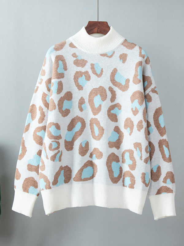 Leopard Long Sleeves Loose Mock Neck Sweater Tops Pullovers