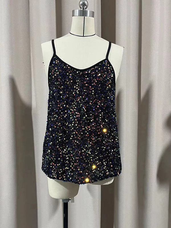 Sequined Loose Sleeveless Deep V-Neck Vest Top