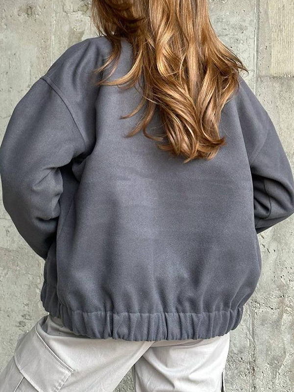 Buttoned Elasticity Pockets Solid Color Split-Joint Long Sleeves Loose Stand Collar Outerwear Jackets