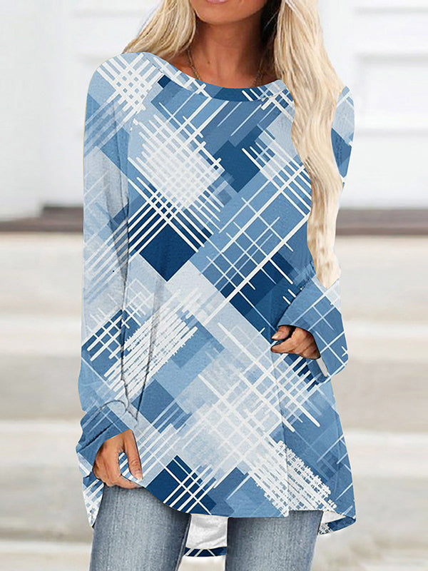 Printed High-Low Long Sleeves Round-Neck T-Shirts Tops